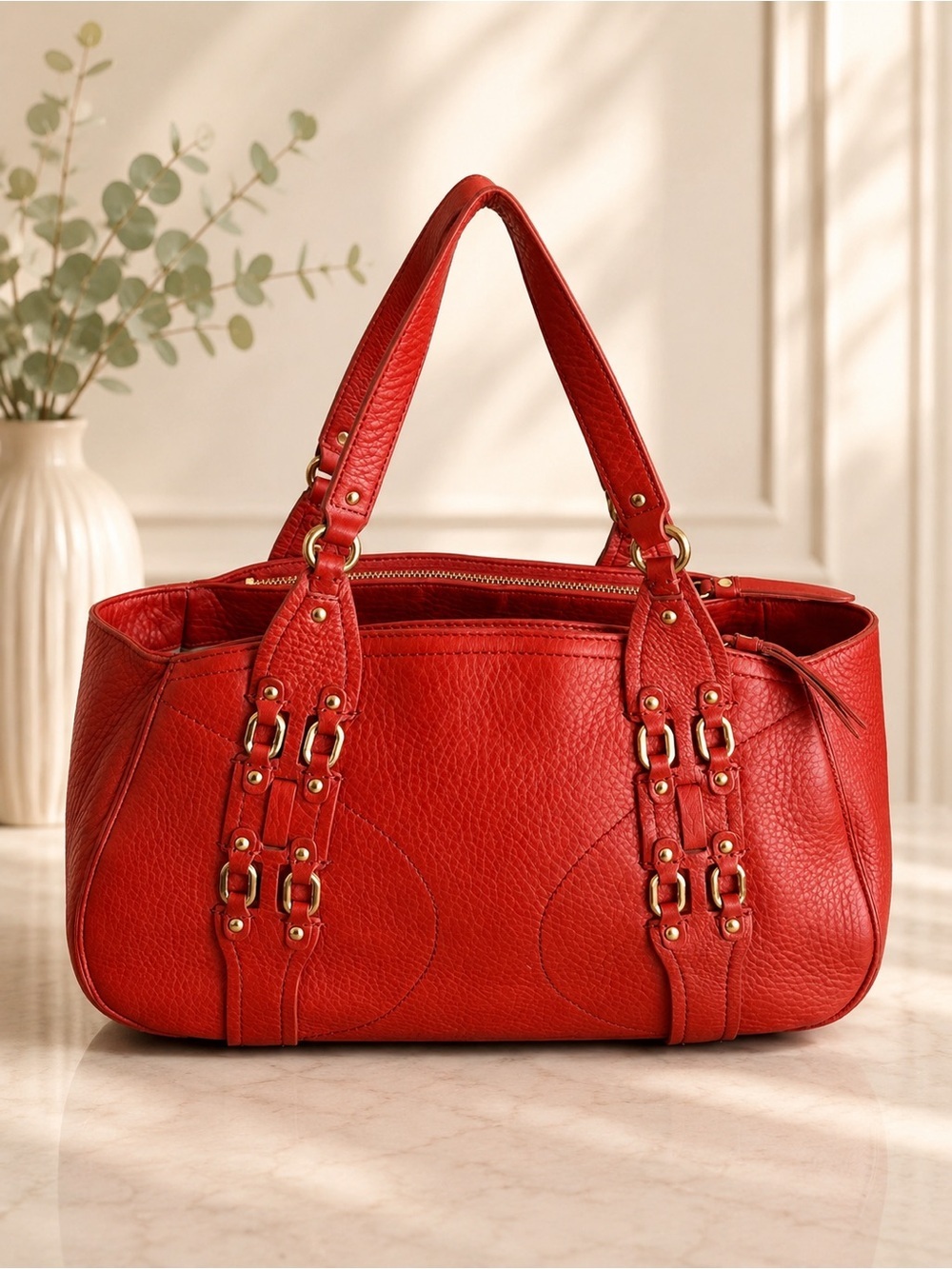 Cole Haan Orange Red Pebbled Leather Satchel Shoulder Bag Gold Buckle Hardware